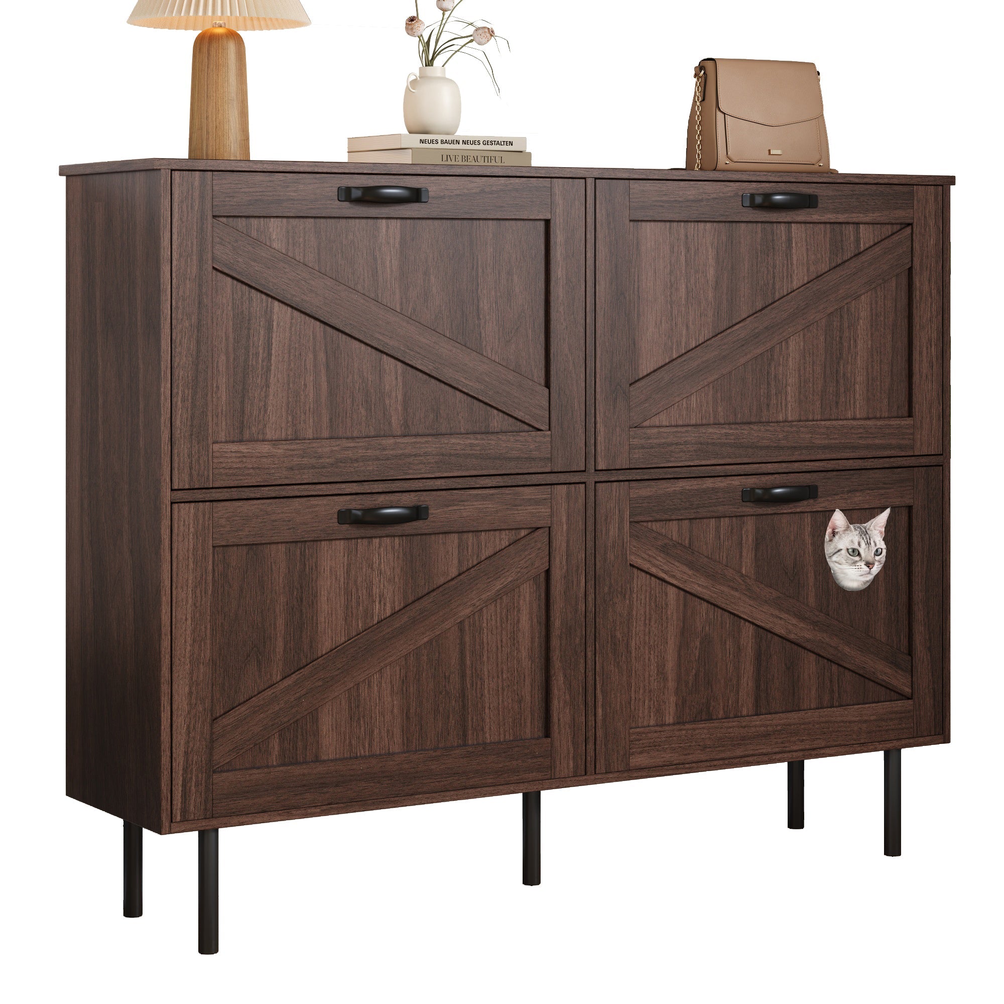 Narrow shoe cabinet with 3 flaps and pet toy storage, for hallway use