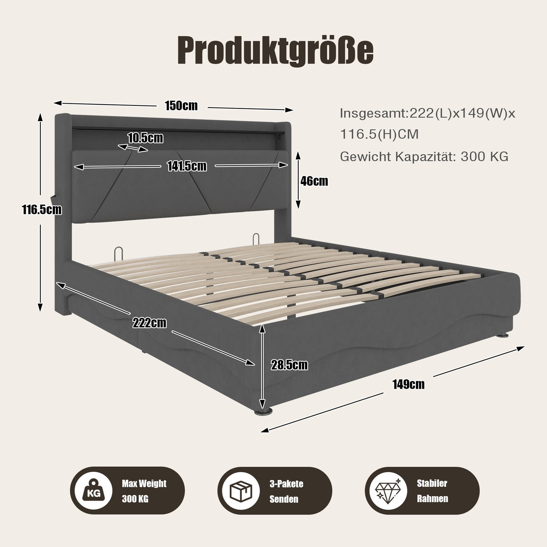 Modern Upholstered Bed 140x200cm LED Storage USB Ports Gas Spring Slatted Base Fabric