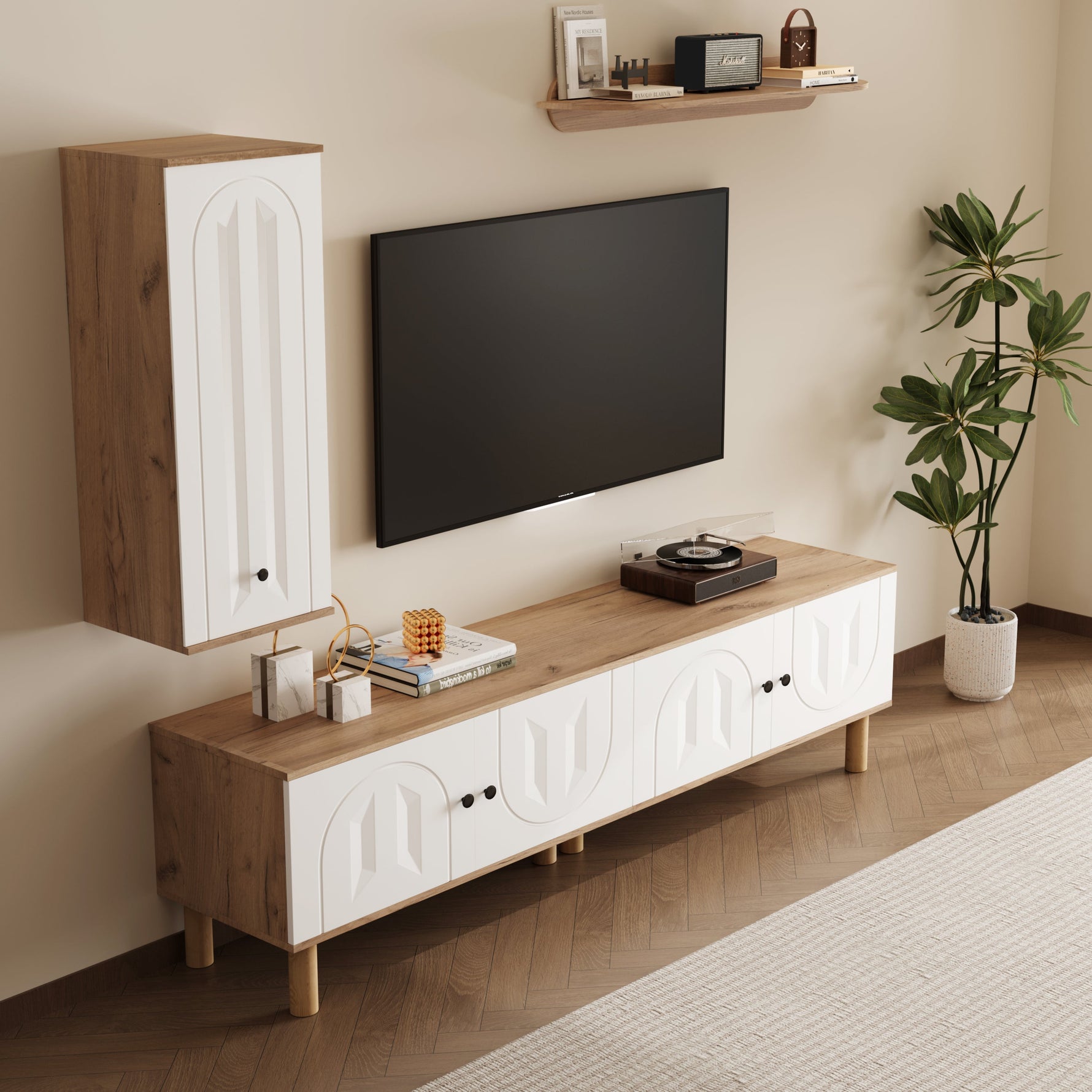 Wall Unit, Highboard Cabinets Shelf, White Wood