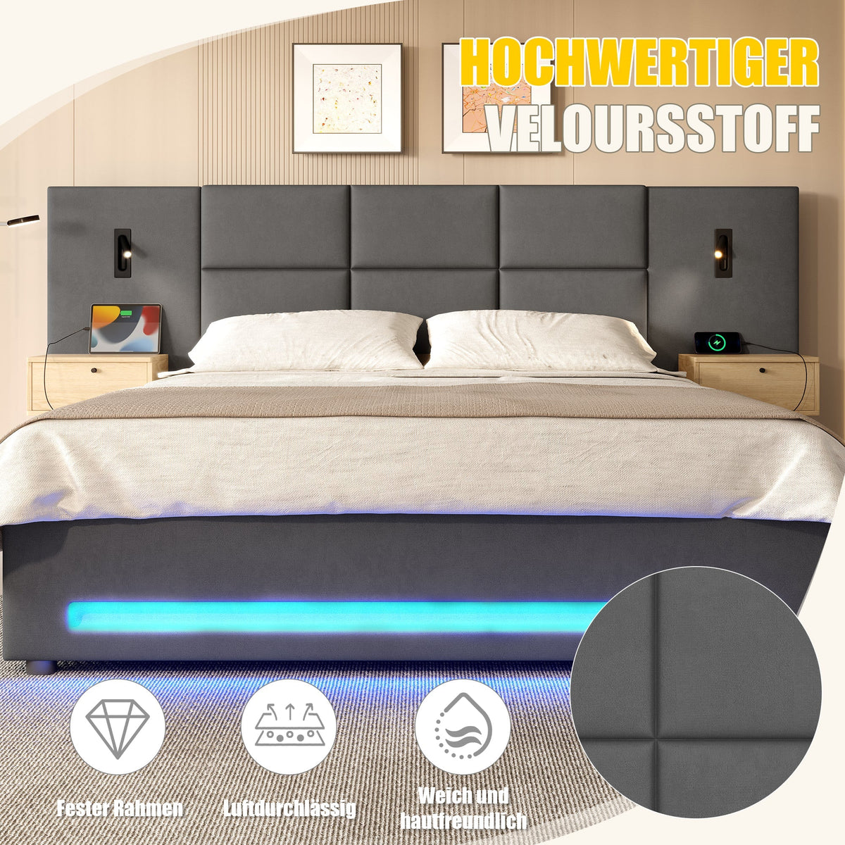 European Upholstered Bed 180x200cm Storage LED USB-C Velvet