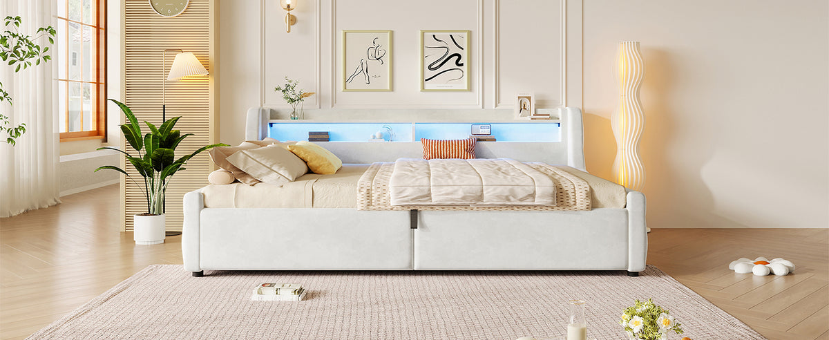 Velvet Platform Bed 140x200 with Hydraulic Storage & LED, Beige