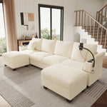 U-Shaped Modular Sofa with Sleeping Function, Phone Holder and USB Port, Beige Corduroy