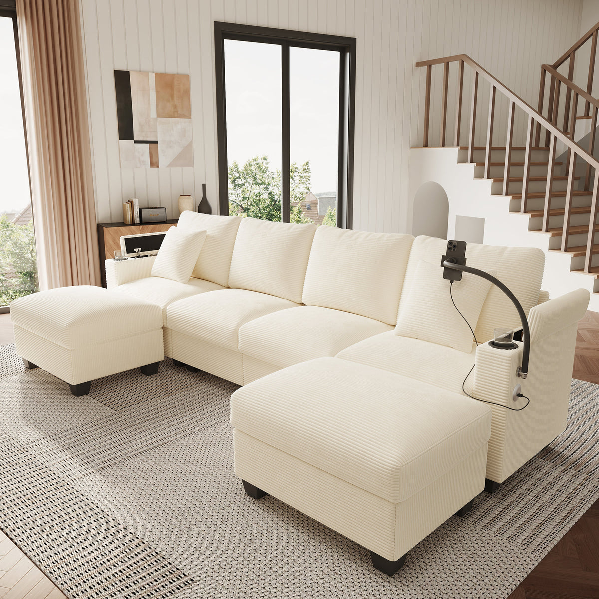 U-Shaped Modular Sofa with Sleeping Function, Phone Holder and USB Port, Beige Corduroy