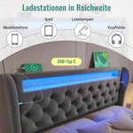 Modern Upholstered Double Bed with LED, Storage Headboard and USB, 140x190cm, Grey Velvet