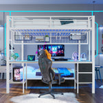 Loft Bed Desk Storage Drawers LED USB - White Iron Frame