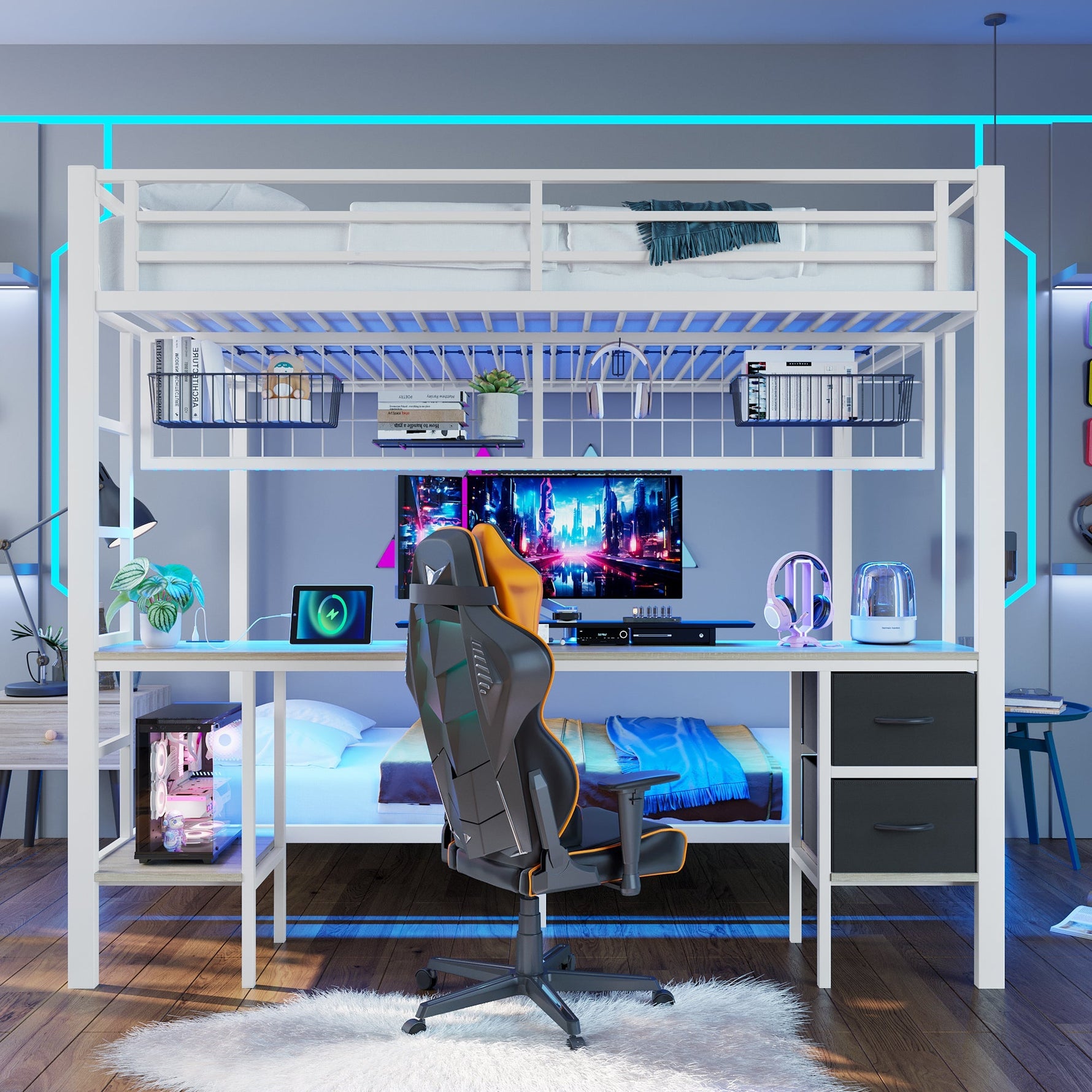 Loft Bed Desk Storage Drawers LED USB - White Iron Frame