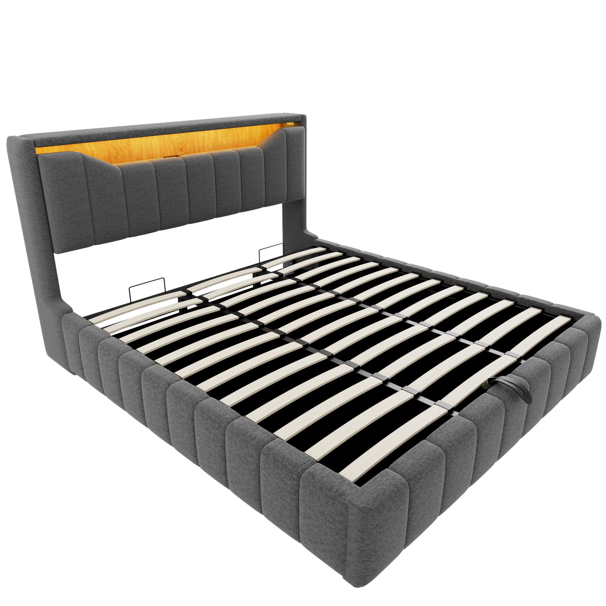 Upholstered Bed 180x200 with Storage & LED Light, Grey Linen