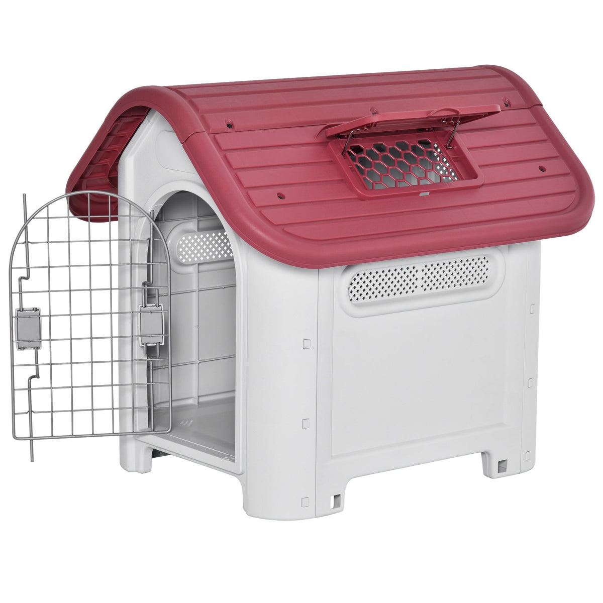 Outdoor Dog Kennel with Roof Hatch, Gate, Air Circulation, Red