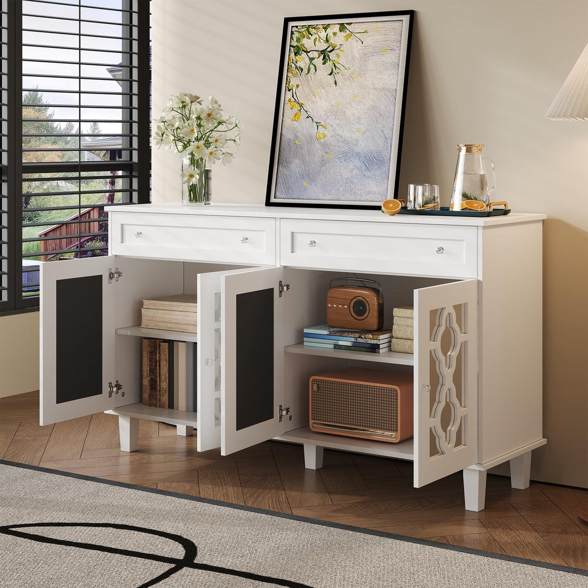 Sideboard Mirrored Doors Drawers Adjustable Shelves, Crystal Handles