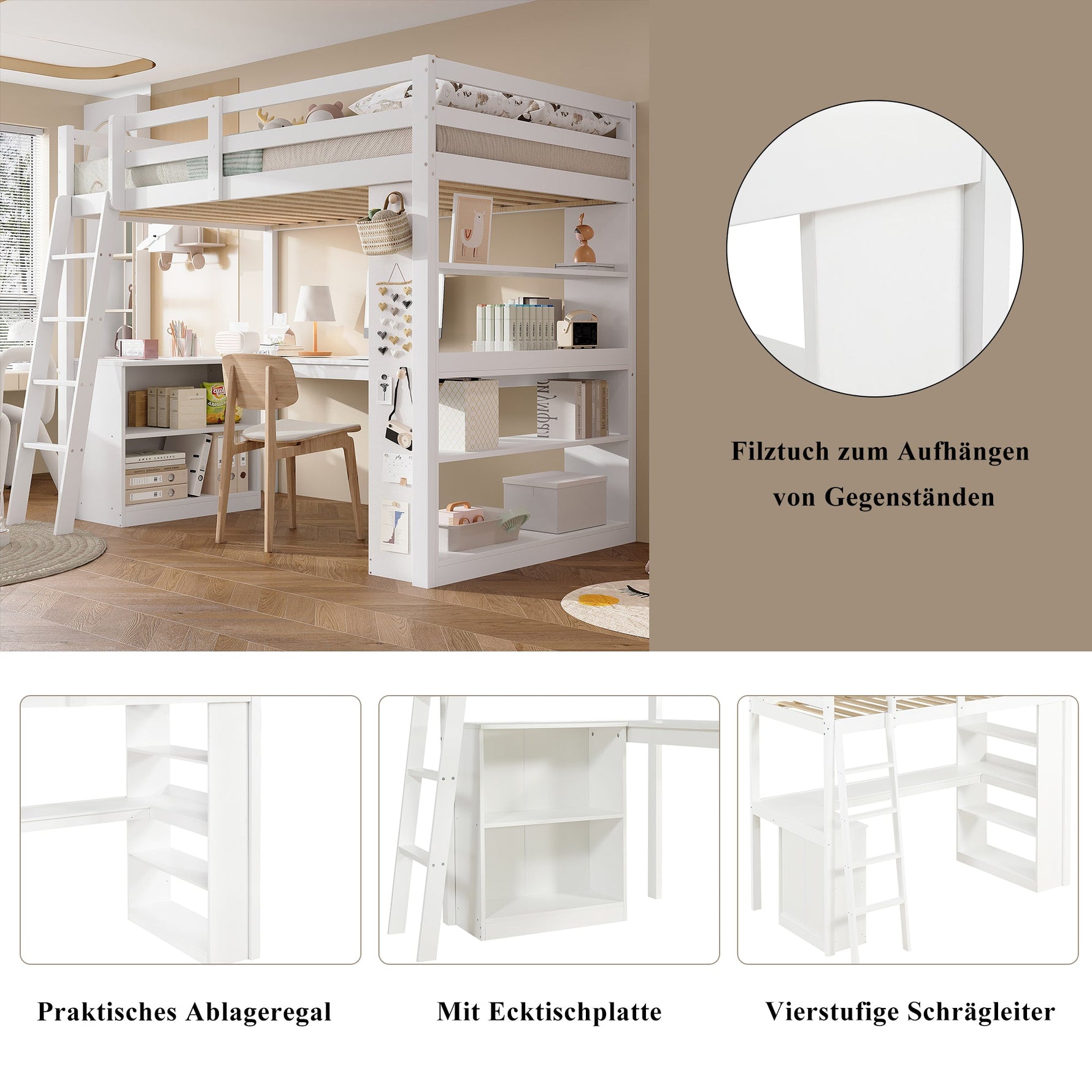 Bunk Bed Children's Storage Shelf Safety Railing Angled Ladder 90x200cm, Pine Chipboard White