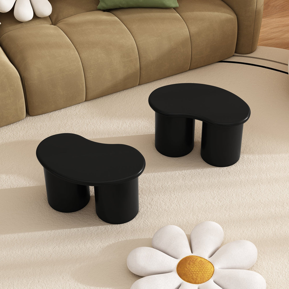 Irregular Bench Coffee Table, 2 Small Stools 16x42x24.5cm, Black