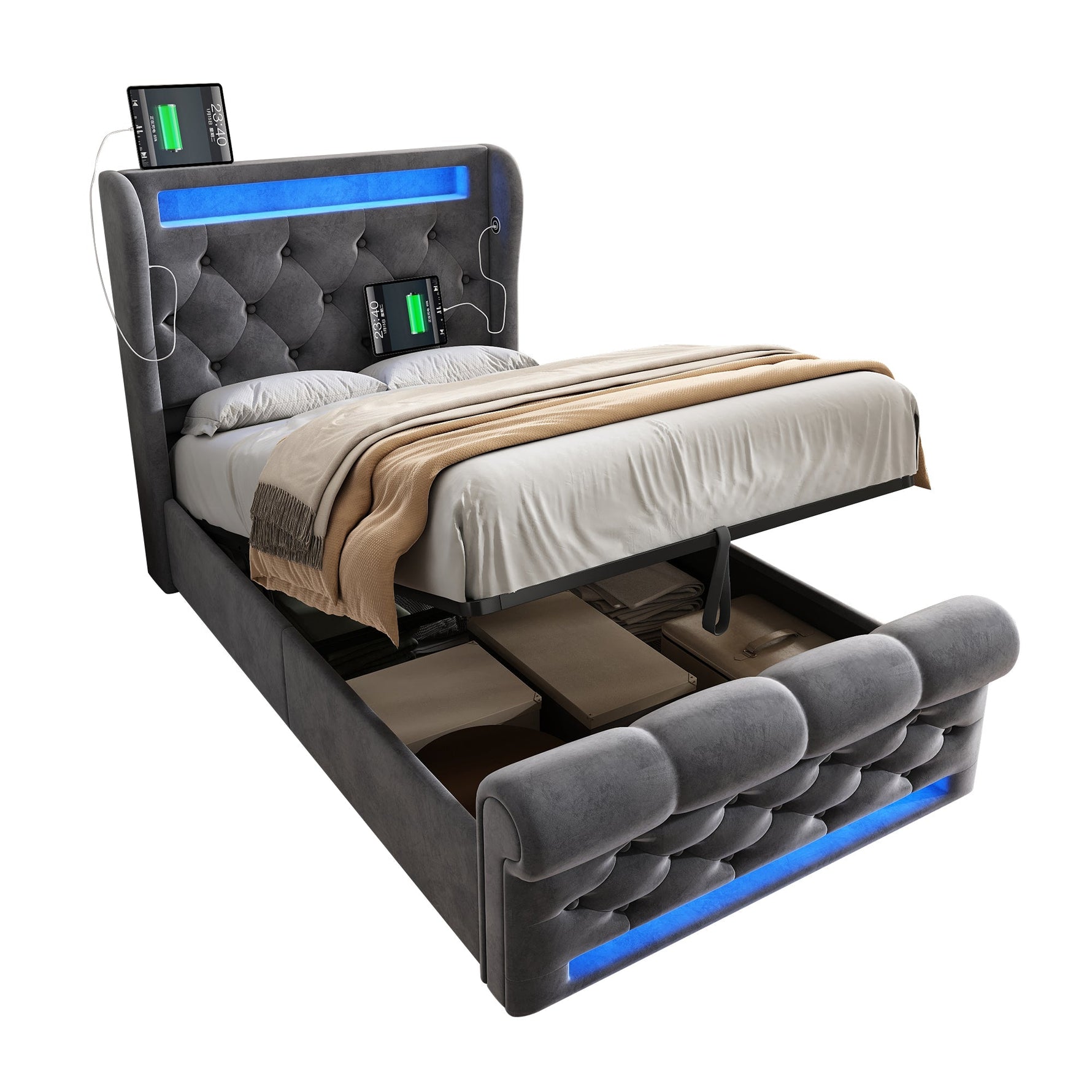 Upholstered Single Bed 90x200cm LED Headboard USB Hydraulic Storage Grey Velvet