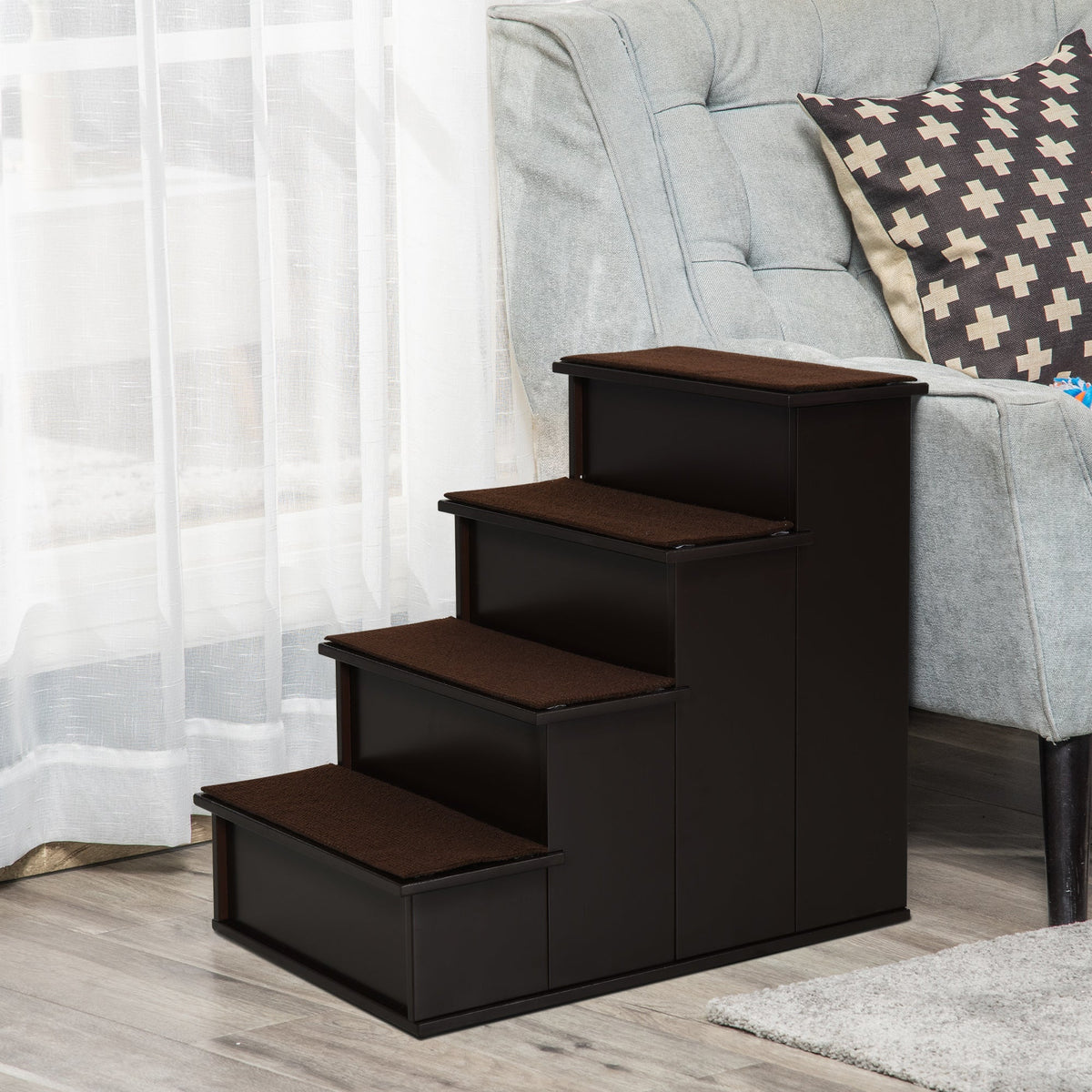 Pet Stairs, Dog/Cat Entry Aid, Carpeted MDF, Dark Brown