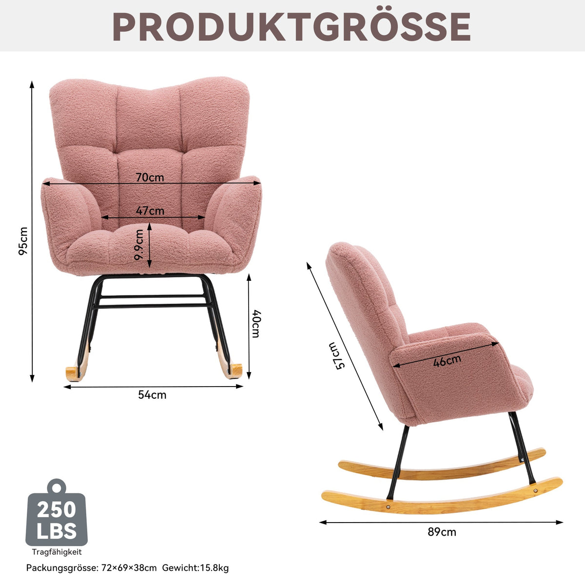 Mid Century Modern Rocking Chair, Tufted Teddy Fabric, Padded Seat, Pink