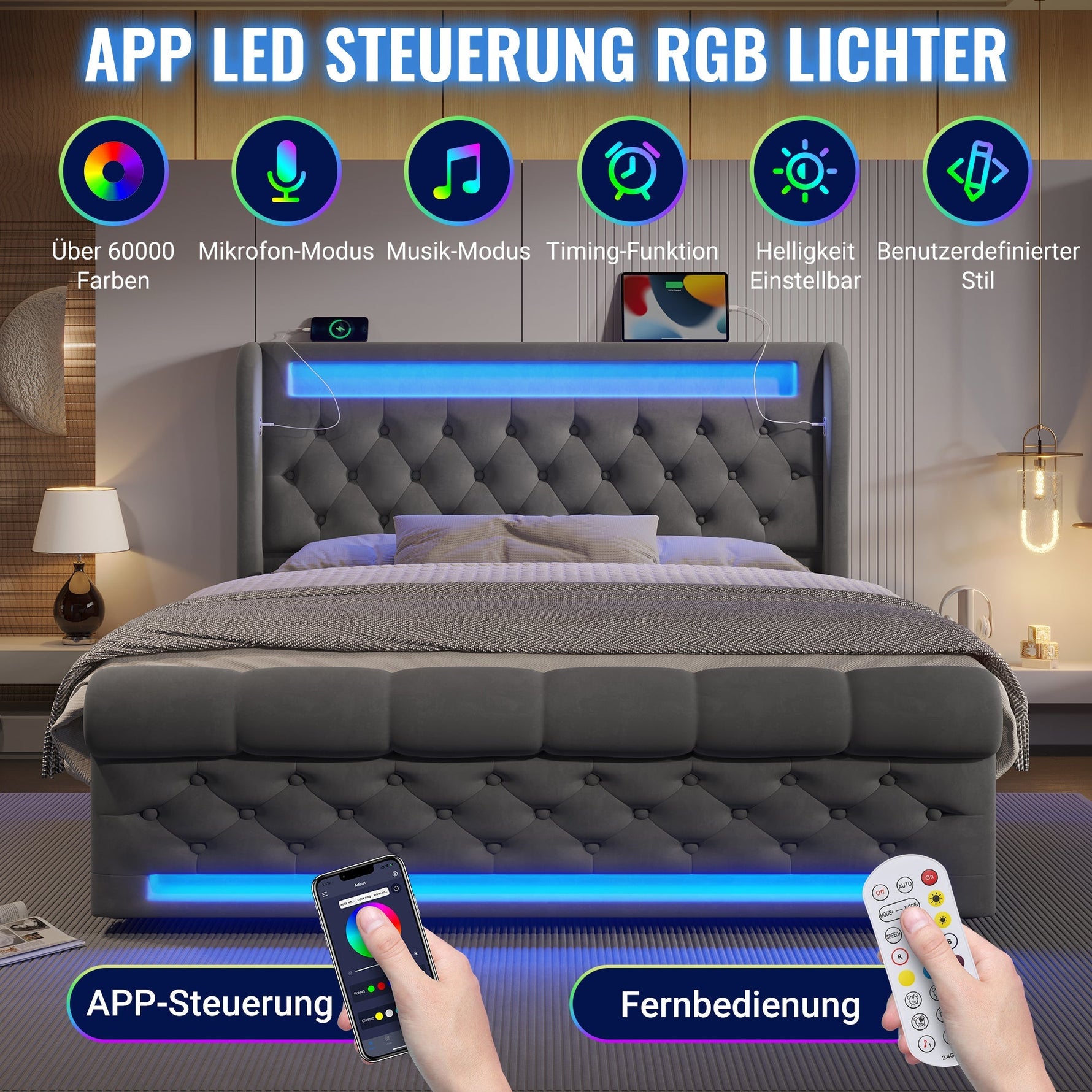 Modern Upholstered Double Bed 140x200cm LED Storage USB-C Hydraulic Grey Velvet