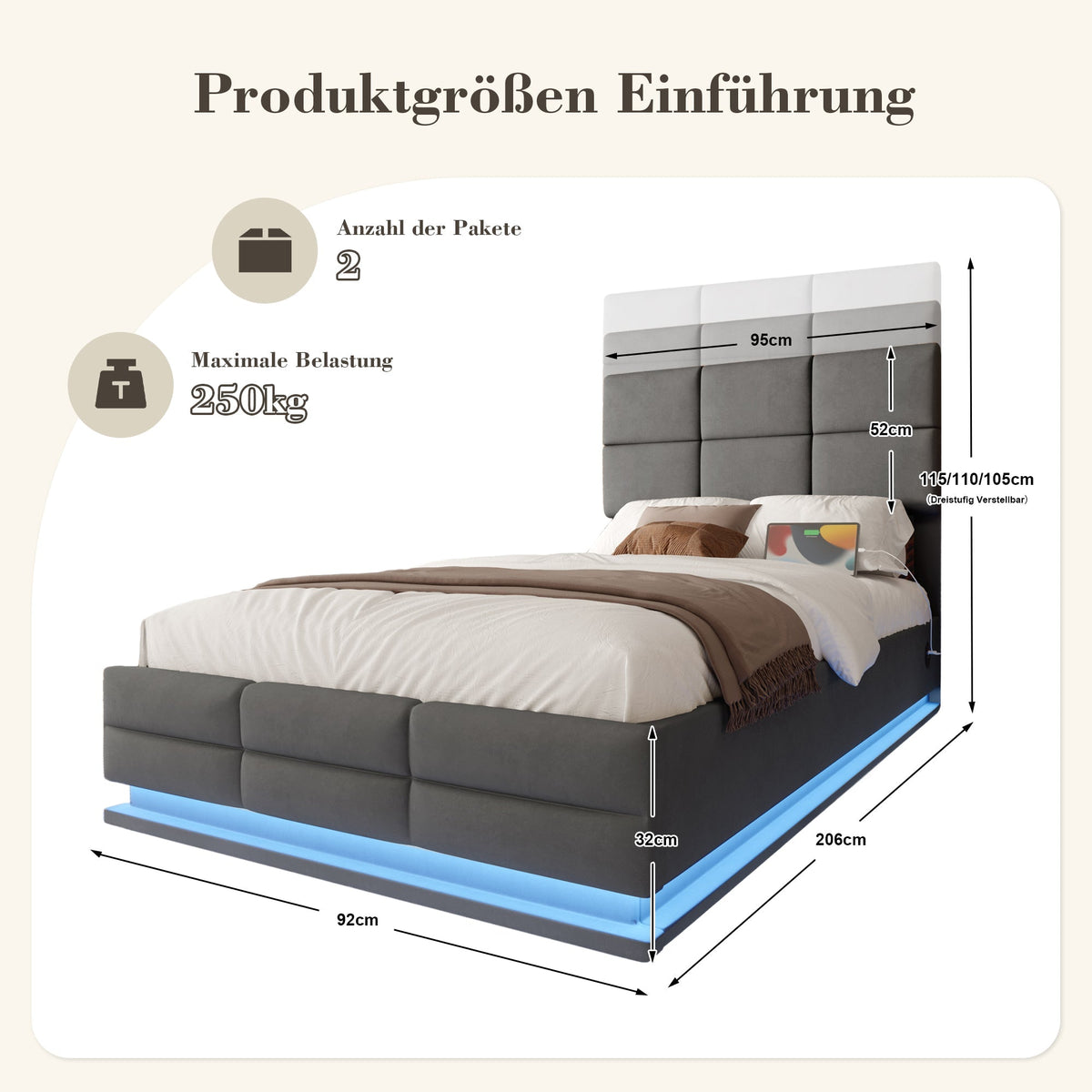 Modern Upholstered Bed 90x200cm, Adjustable Headboard, USB/LED, Hydraulic Storage - Gray Velour