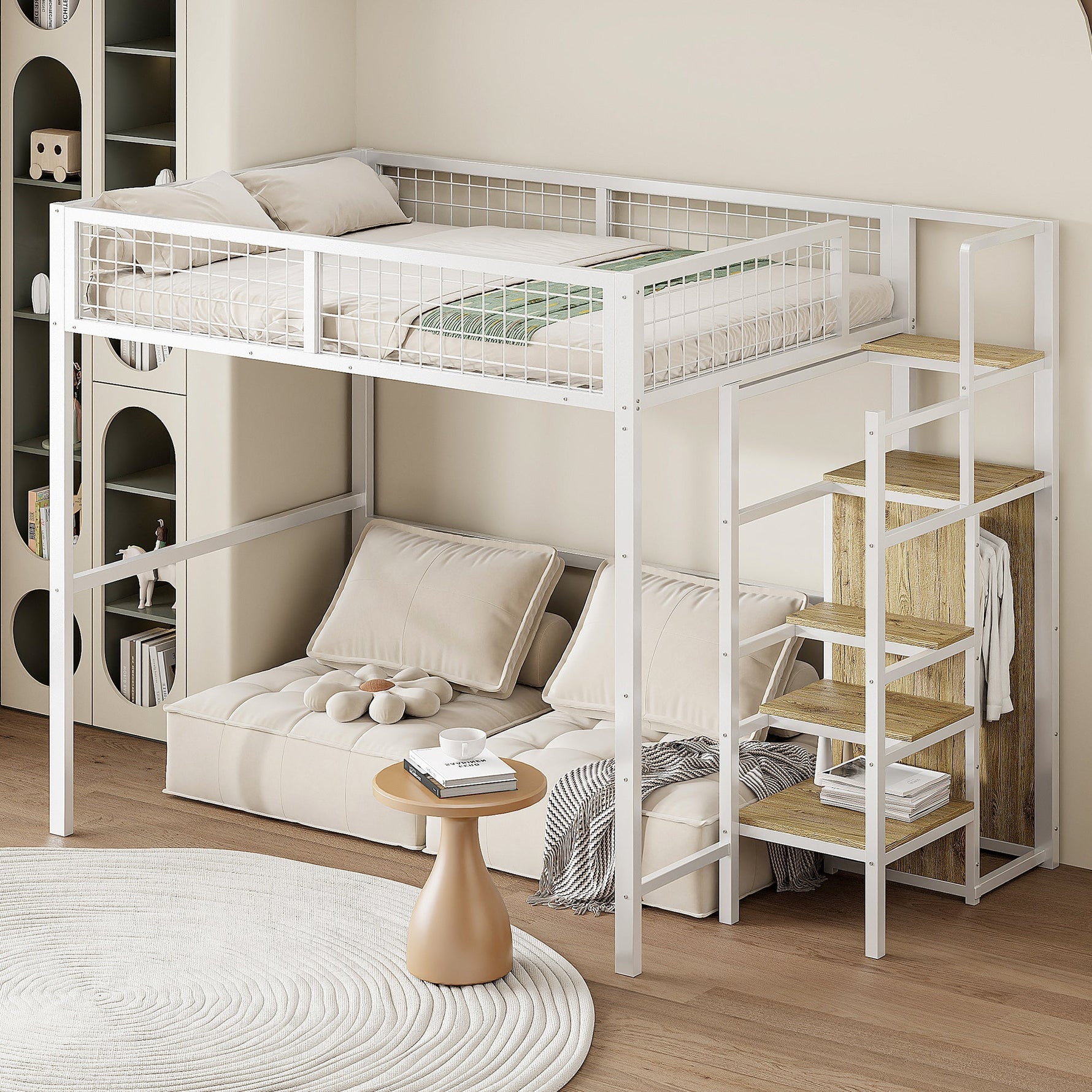 Bunk Bed 140x200 Ladder Storage Shelf Wardrobe Iron Frame White