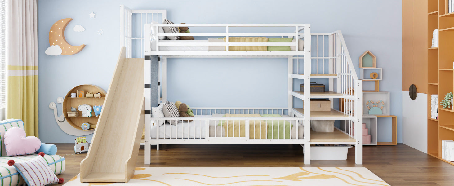 Children's Metal Loft Bed with Slide, Storage Stairs and Integrated Shelves, 90x200cm, White
