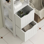 Slim Bathroom Cabinet, Tall with 2 Drawers, 3 Open Compartments, White