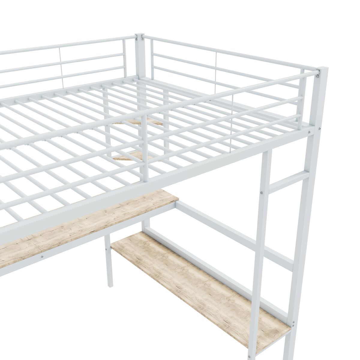 Loft Bed 140x200cm Frame with Desk & Shelves, White Metal