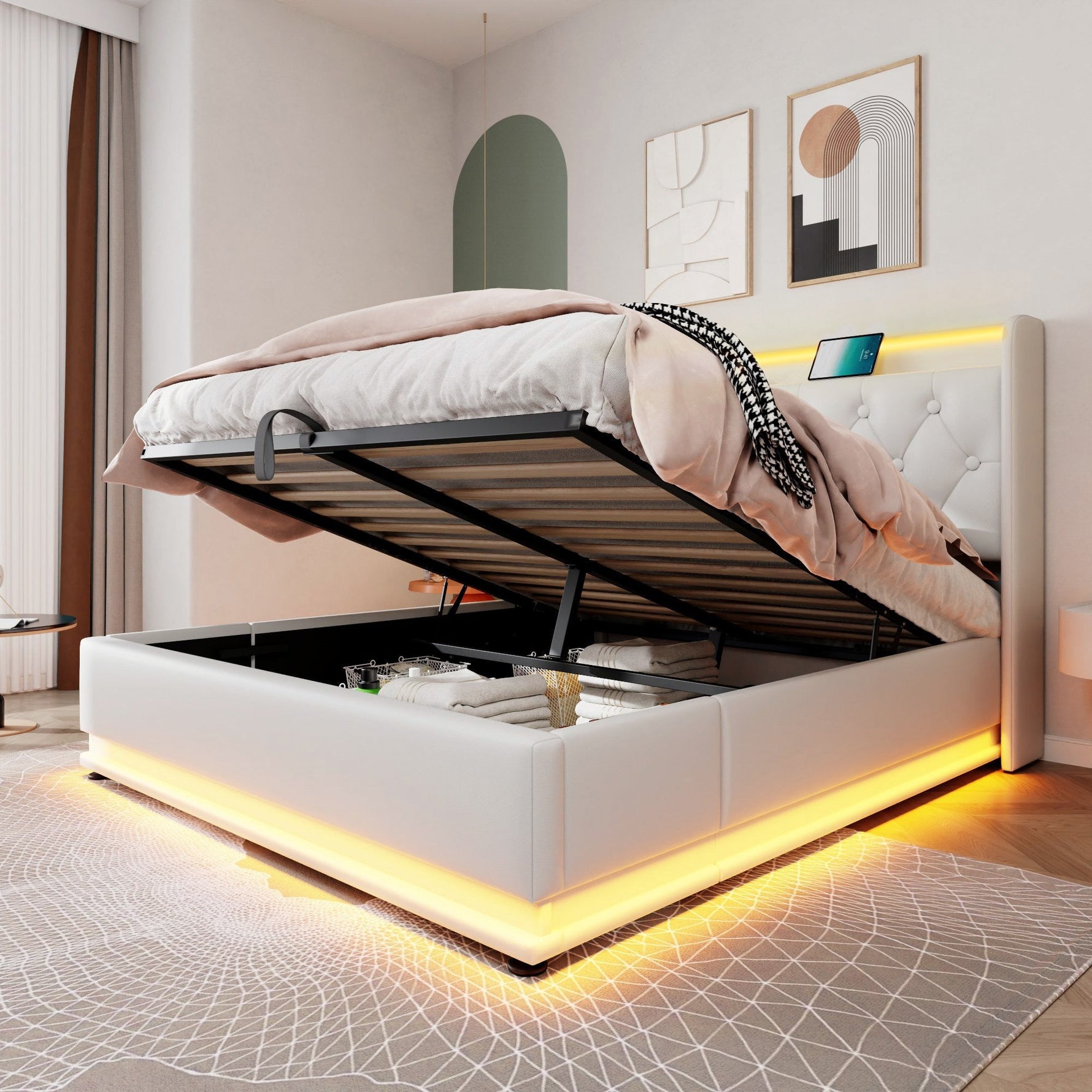 Upholstered Bed Double, 360 LED, Hydraulic Storage, USB-C, 140x200 cm, White PU