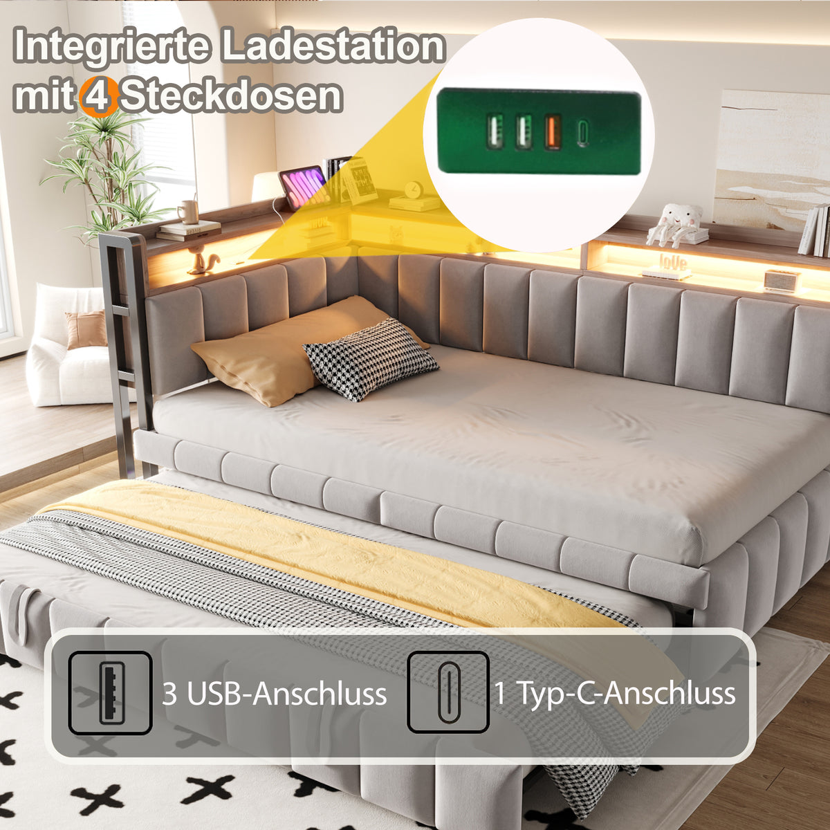 Upholstered Sofa Bed 90x200cm, Pull-Out Bed & LED, Light Grey Velvet