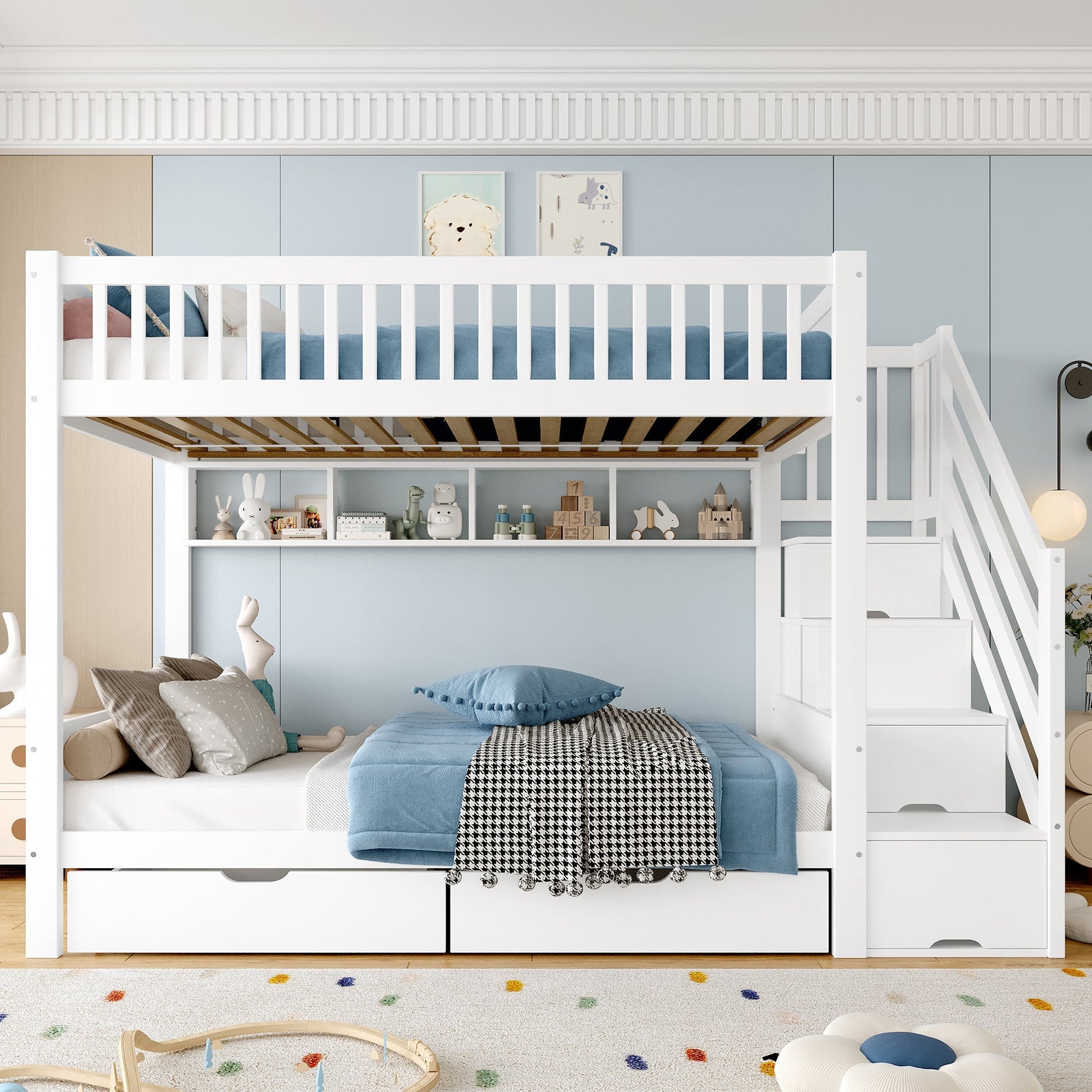 Bunk Bed 90x200cm Drawer Shelf Wardrobe Storage - White
