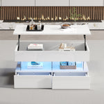 Liftable Coffee Table, Height-Adjustable Hidden Storage LED 2 Drawers, White MDF/Acrylic