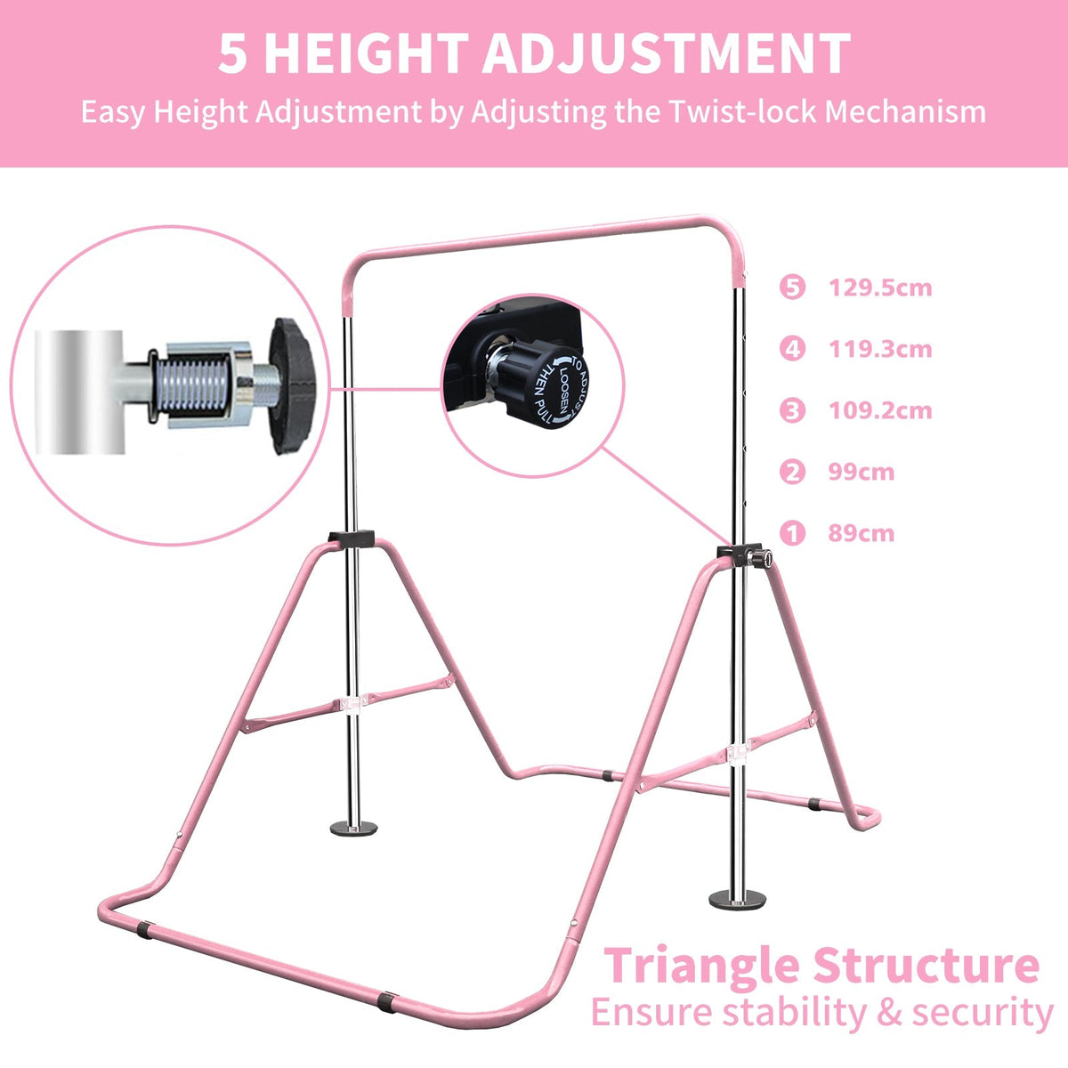 Expandable Gymnastics Bar - Height Adjustable Junior Training, Folding - Pink
