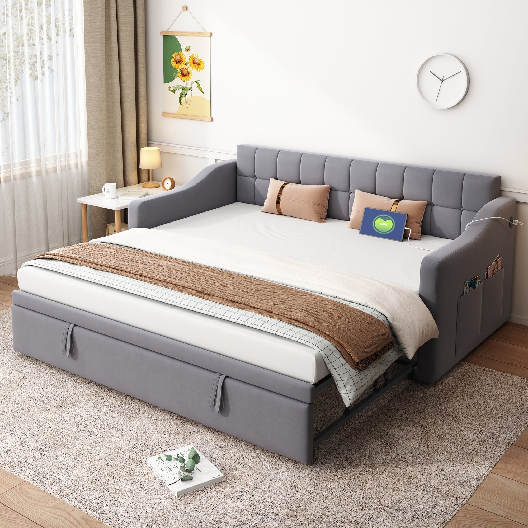 Upholstered Bed Sofa, 2-in-1 Multifunctional with Socket & Storage, Gray Velvet