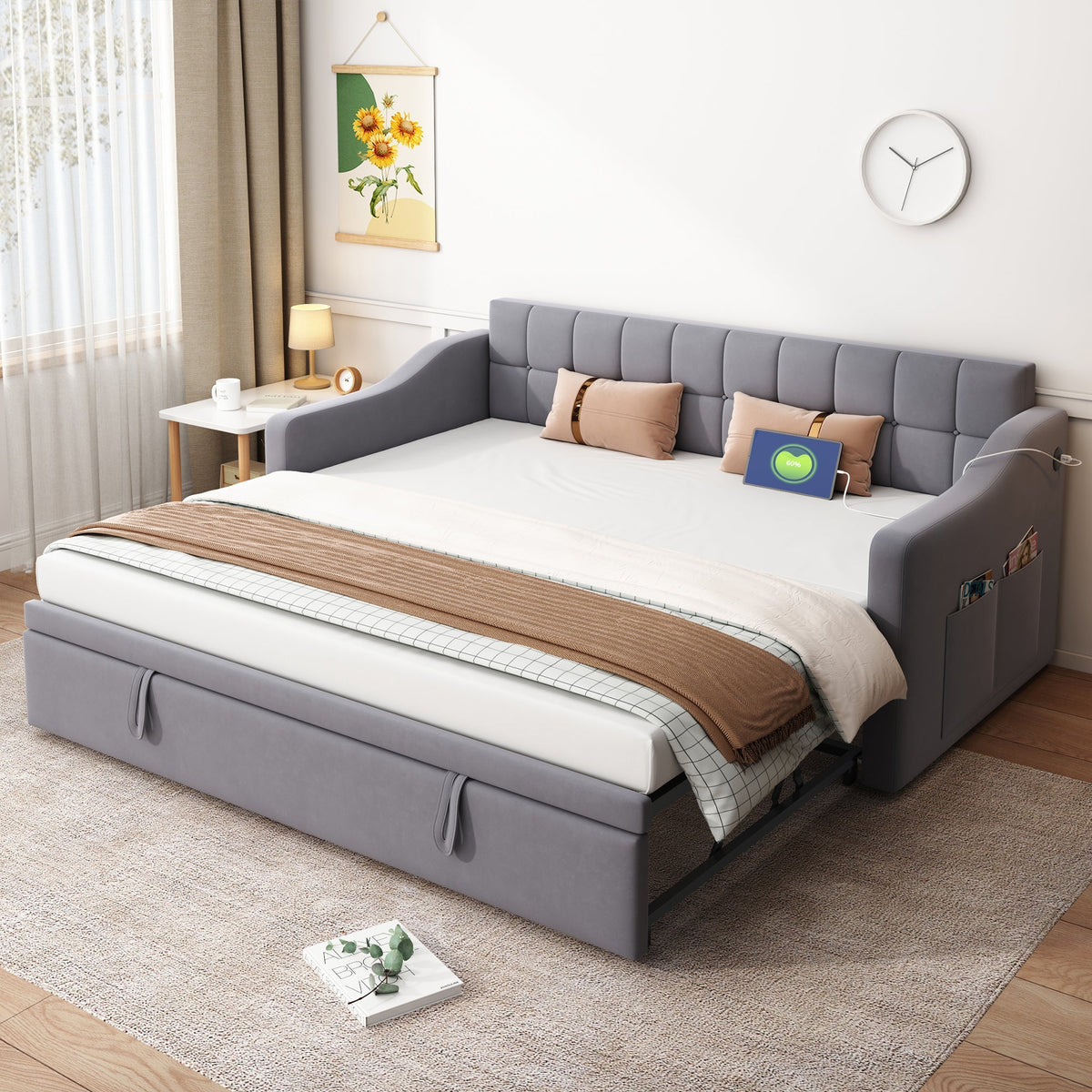 Upholstered Bed Sofa, 2-in-1 Multifunctional with Socket & Storage, Gray Velvet
