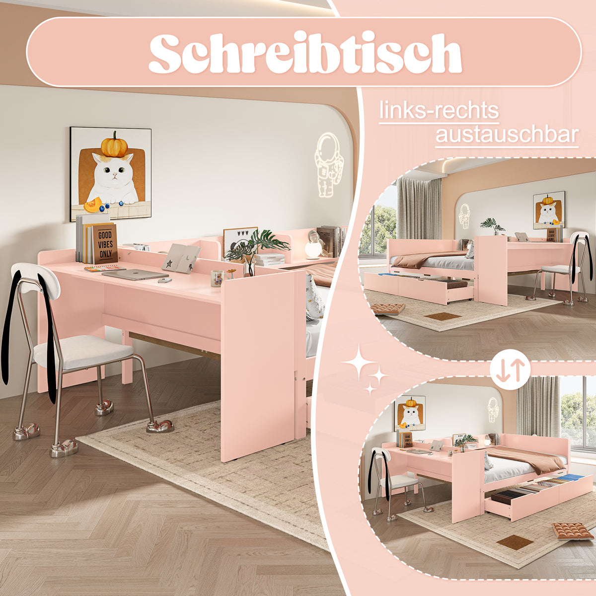 Wooden Double Bed 140x200cm with Desk & Drawers, Pink Pine