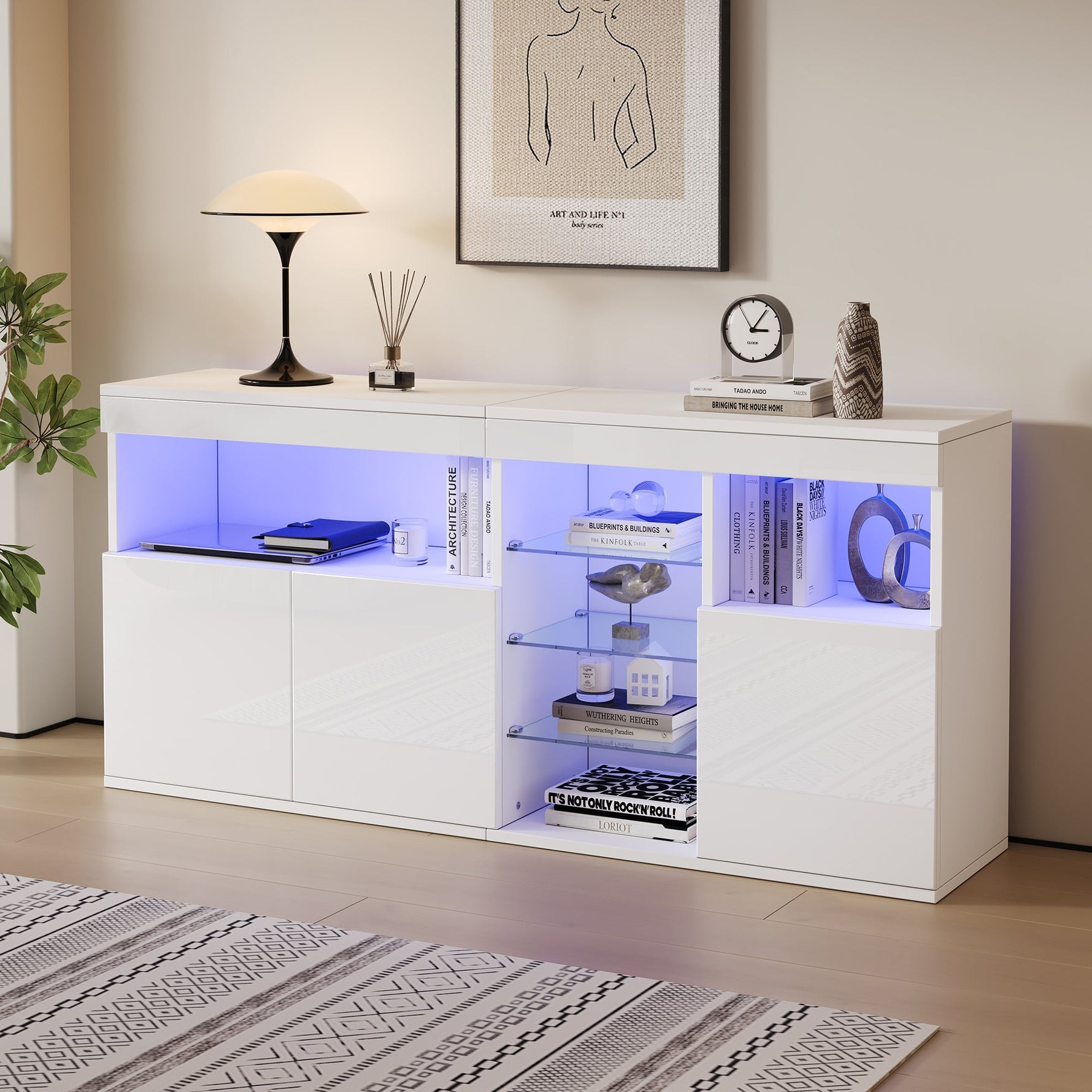 High-Gloss Cabinet 155.5cm LED 3 Doors Glass Partitions - White