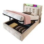 Upholstered Single Bed 90x200 LED USB Hydraulic Storage, Beige Cotton