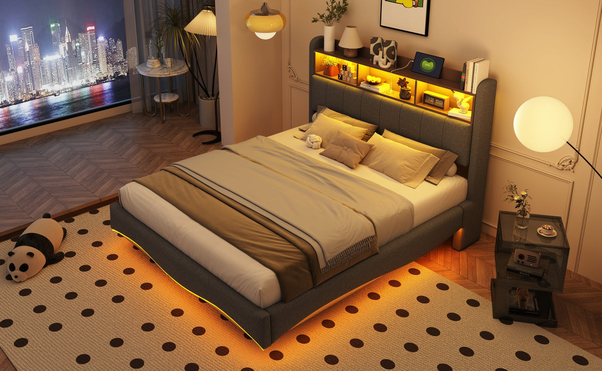 Upholstered Bed, 140*200, LED Light, USB/Type-C, Linen Fabric Gray