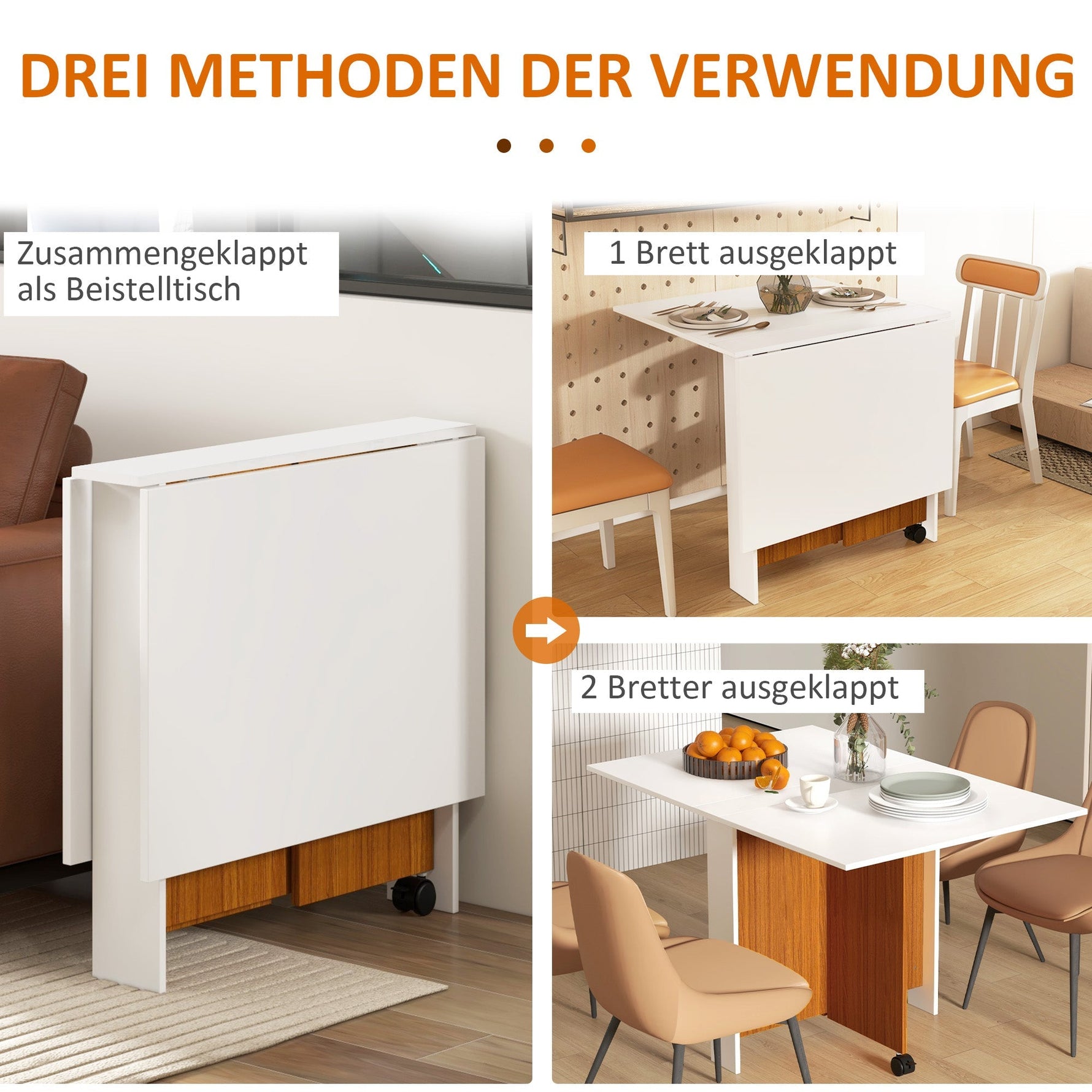 Folding table mobile dining table with folding worktop and castors in white