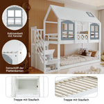 Bunk Bed with Roof & Window, Safety Gate & 3 Stair Lockers, 90x200cm Pine+MDF White+Grey