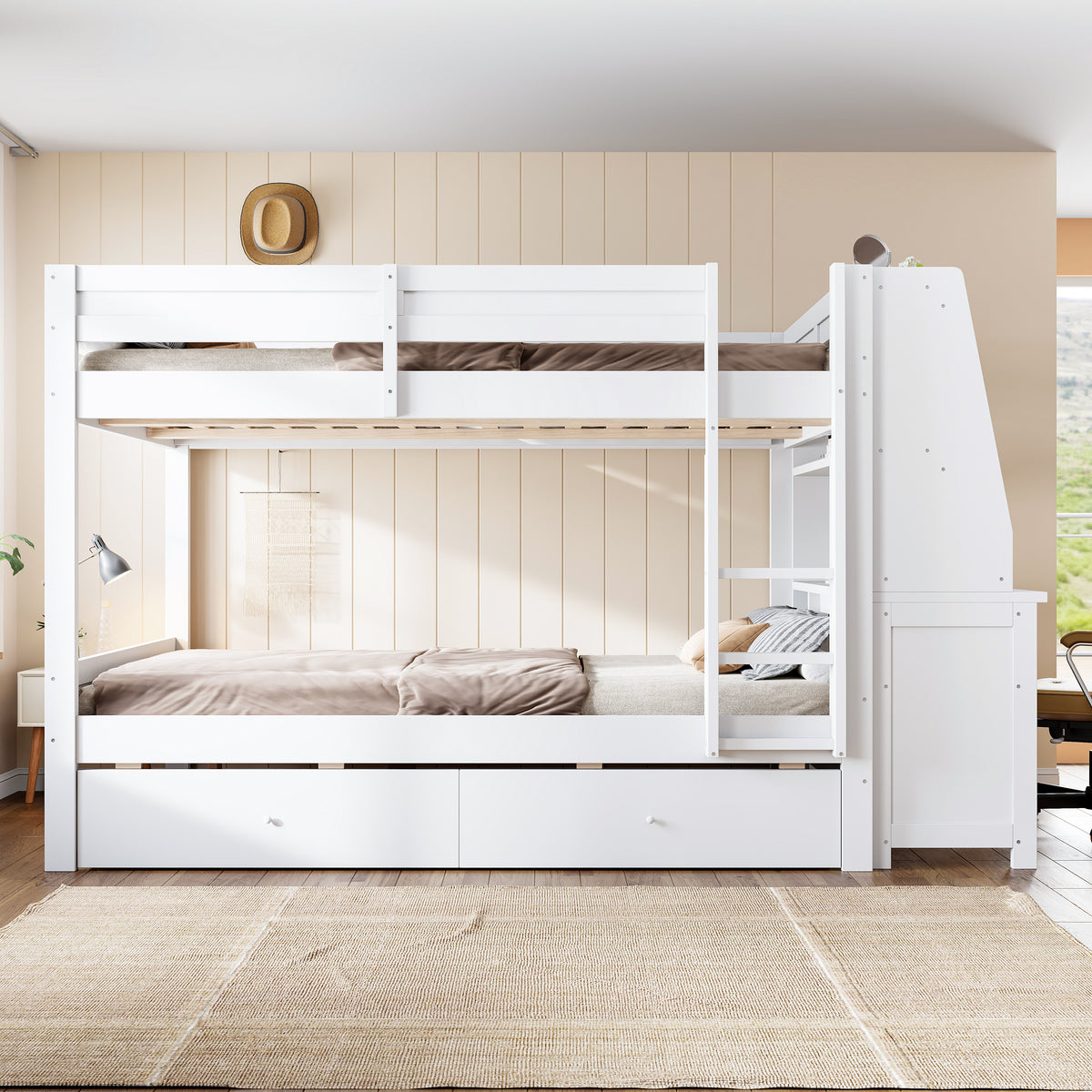 Bunk Bed 140x200cm with Desk, Cabinet & Drawers, White