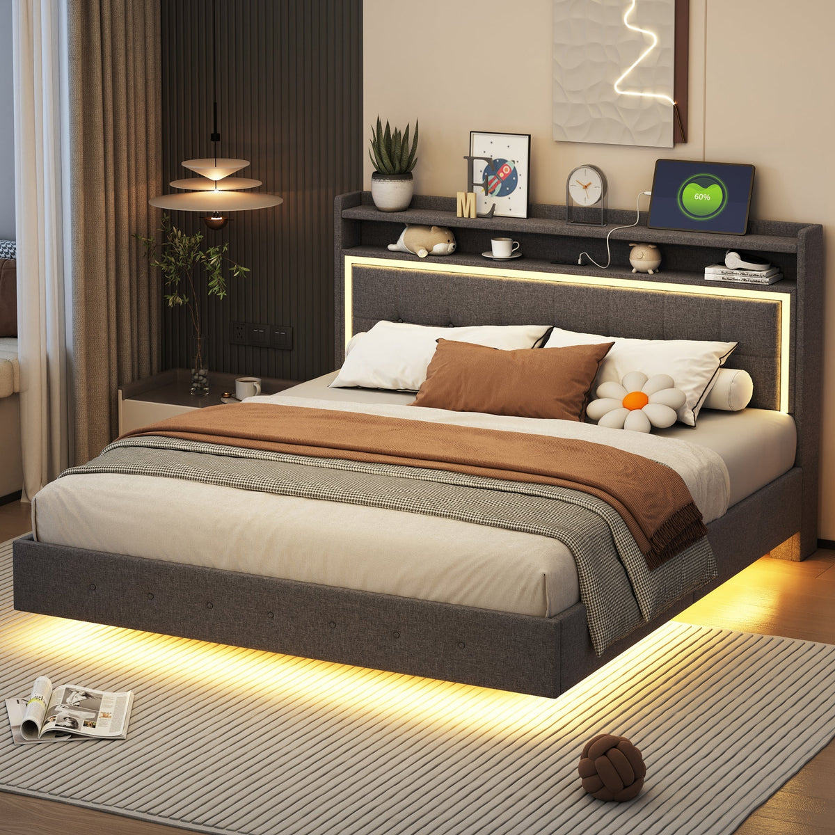 Upholstered Bed, 160x200 USB & LED, Linen Fabric Gray