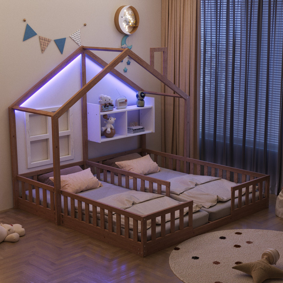 Wooden House Bed 90x200cm Freestanding LED Storage Shelves Wood Color