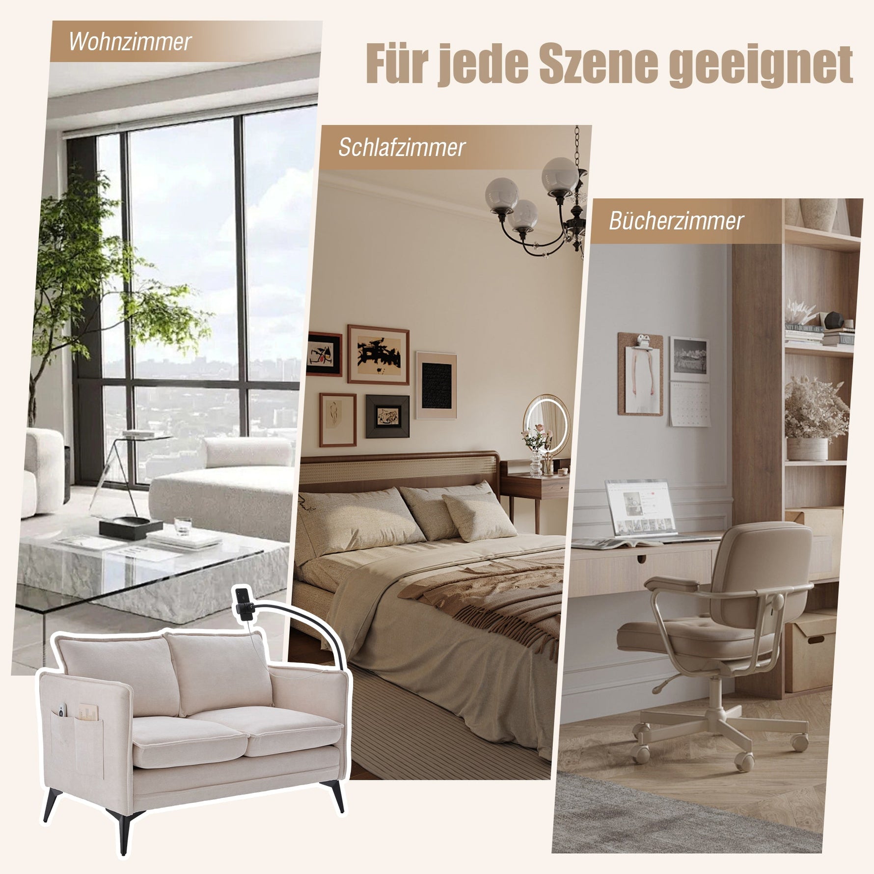 Modern Double Sofa, Small Fabric Armchair with Storage & Phone Holder
