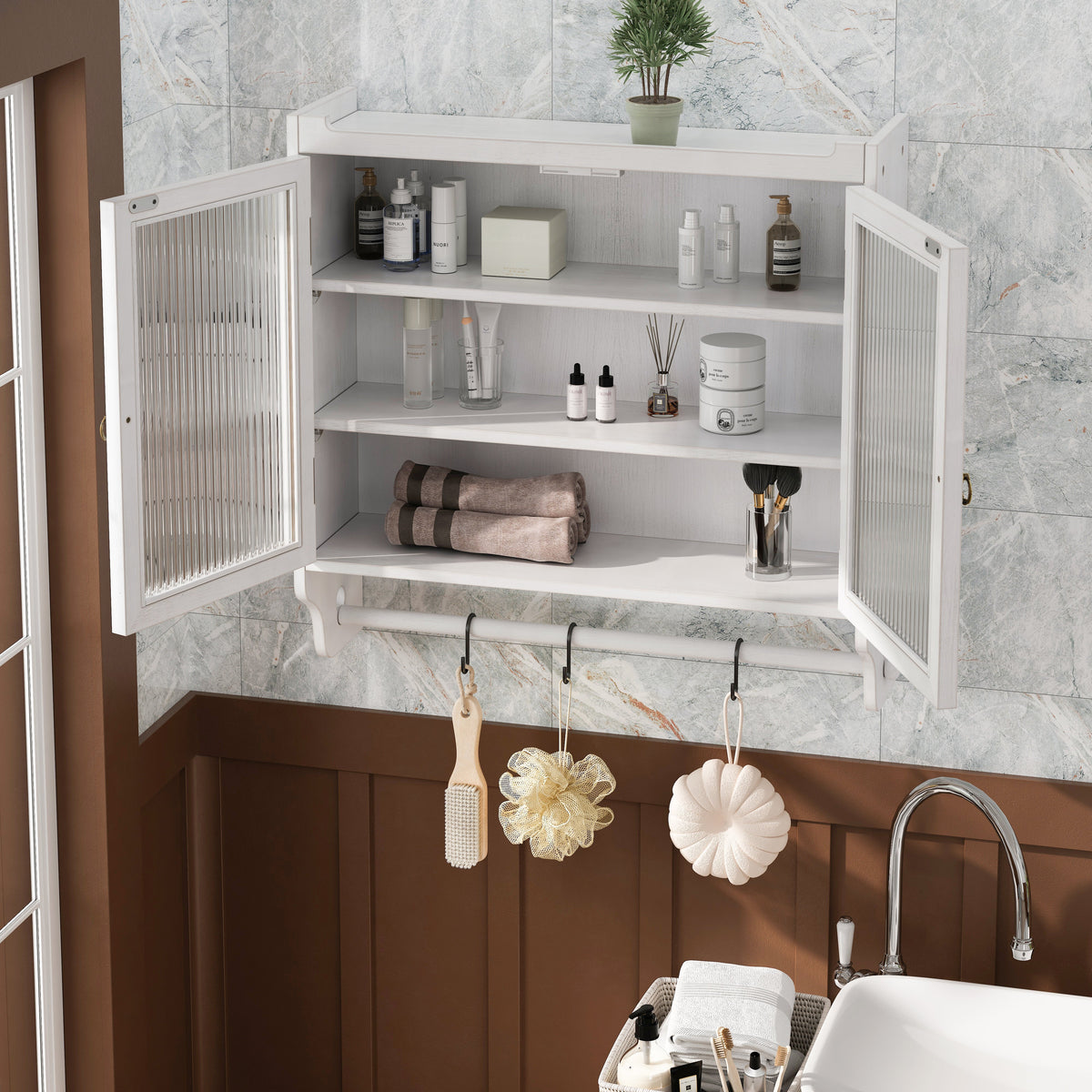 60cm Glass Door Vintage Double Door Wall Cabinet, Three Tiers, Towel Rack, White Washed