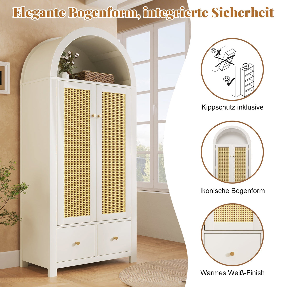 Wardrobe with Rattan Weave and 2 Doors, 181x78x45cm, White Wood