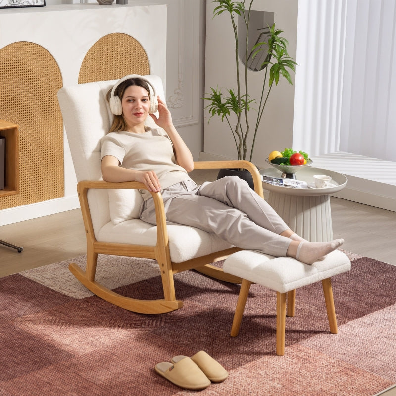 Rocking Chair with Stool, Fleece Cover, Wooden Skids, White
