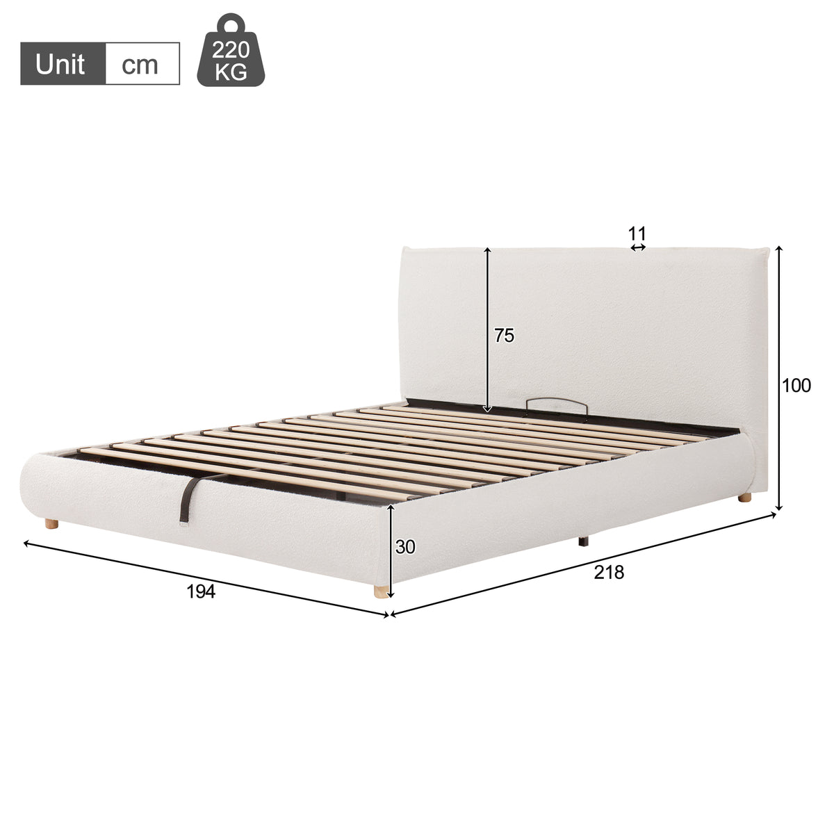 Upholstered Double Bed 180x200cm Hydraulic Storage White Bouclé