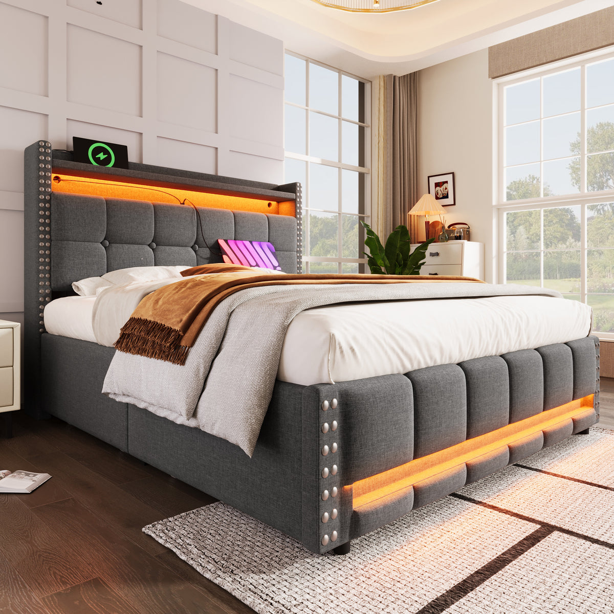 Upholstered Bed 160x200cm with LED & Storage, Grey Linen