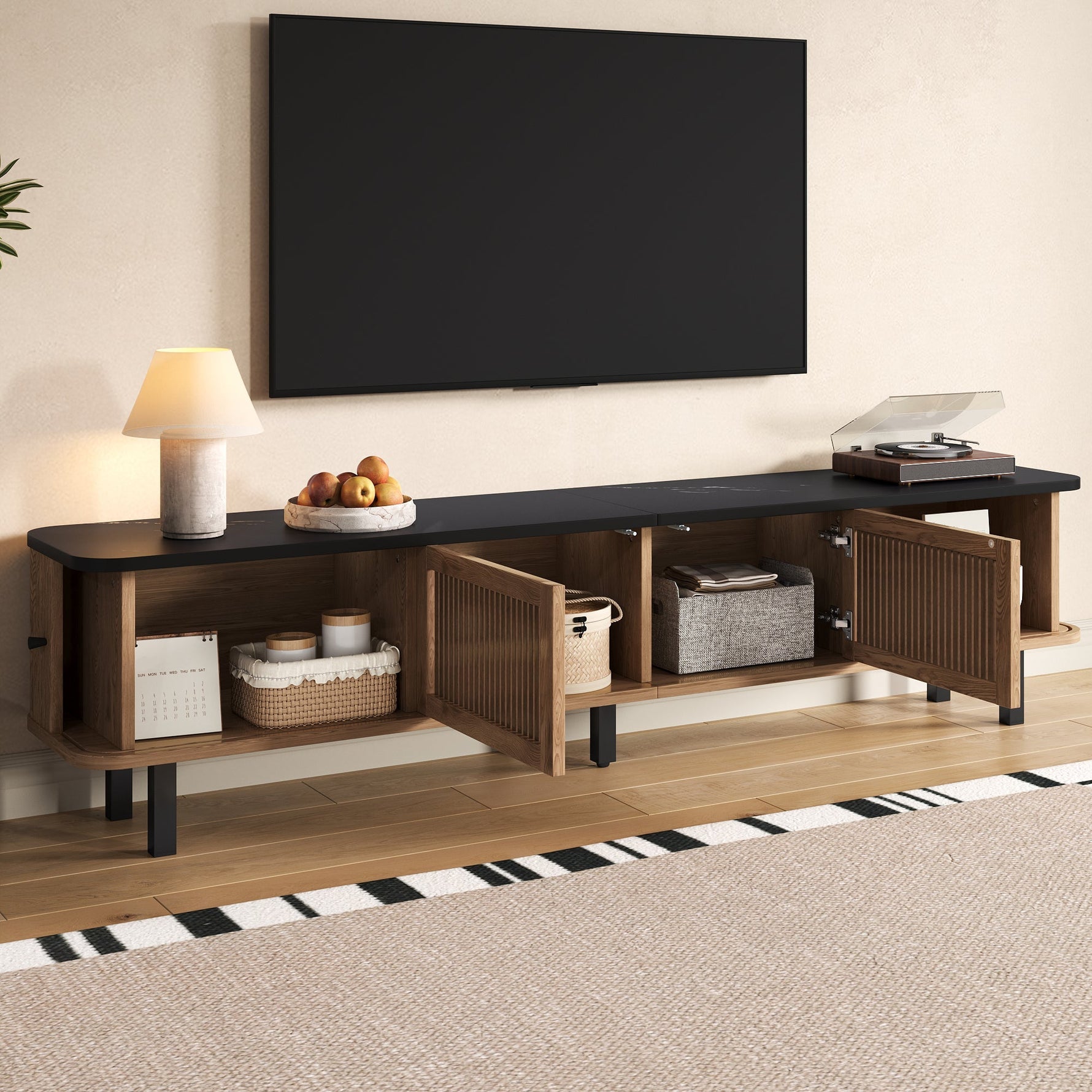 Modern TV Cabinet with Sliding Mesh Doors and Unique Design, Oak Wood Look