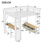 Metal Play Loft Bed 140x200cm, USB LED Desk Wardrobe Storage, White
