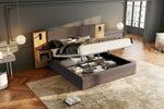 Upholstered Bed with Hydraulic Storage, LED, USB and 2 Bedside Tables, 160x200cm, Grey and Natural Velvet