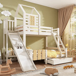 Bunk Bed, 90x200 & 140x200cm, House Loft with Drawer & Slide, Log Cabin Design